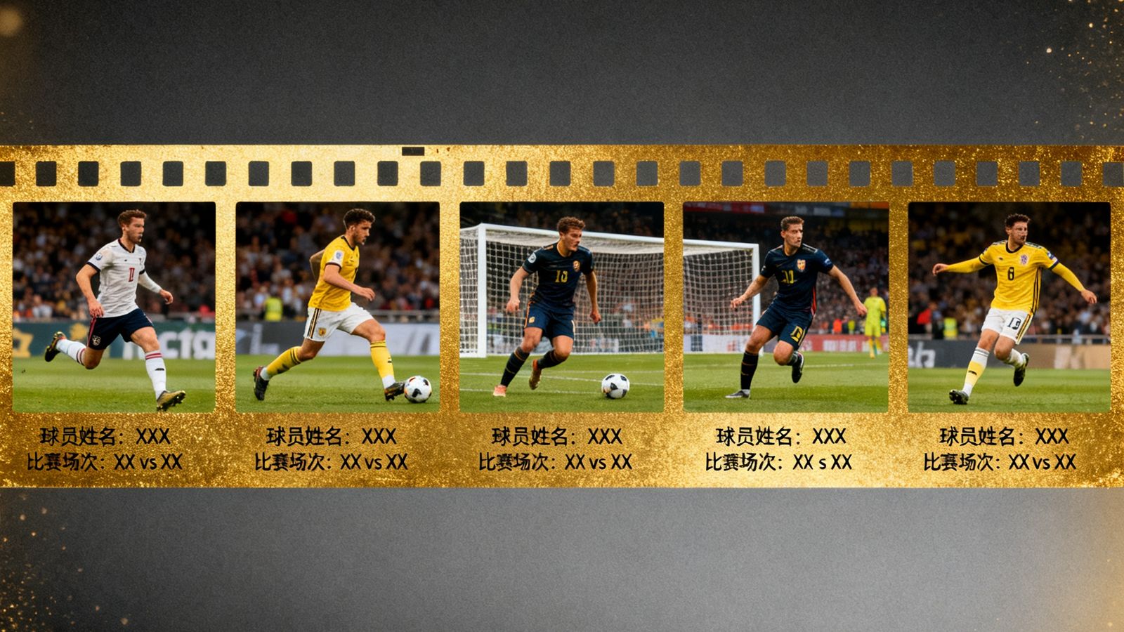 本周五佳进球合集封面，五张进球瞬间照片以胶片风格排列，每张标注球员姓名和比赛场次，整体设计采用金色与深色搭配